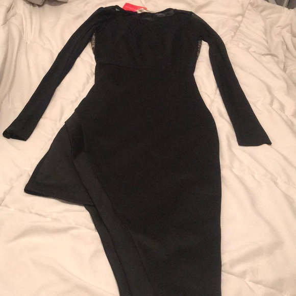 Black and Gold Mesh Long sleeve side split Dress - Picture 2 of 2